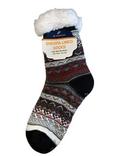 Sherpa Lined Warm Cozy Slipper Sock Gripper Bottom | Black Red Gray White 1 SIZE