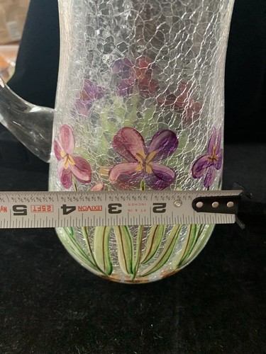 Vintage Tall Crakle Glass Pitcher Carafe Clear Hand Painted Art Glass - Picture 3 of 10