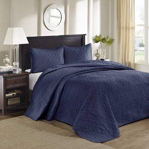 3pc Solid Navy Blue Quilted Bedspread 