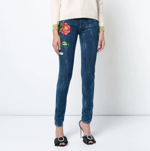 NWTAuth Gucci Flower Embroidered Skinny Jeans