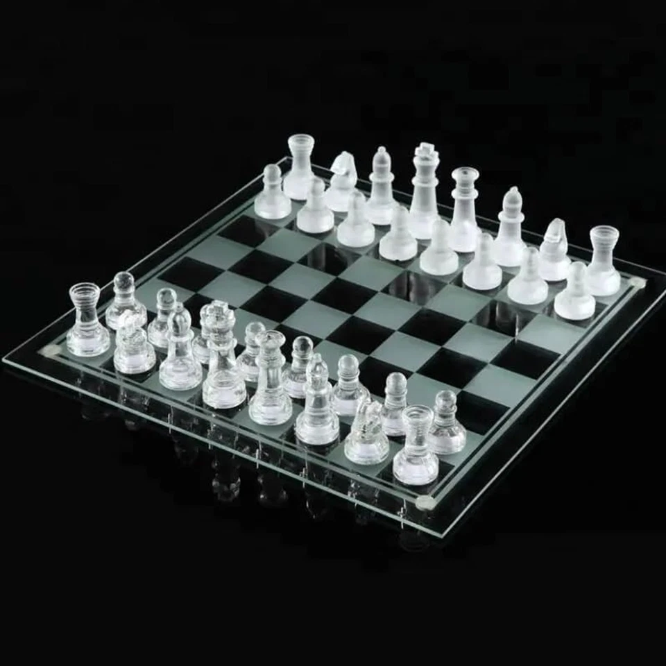 KAV Glass Chess Board Game Set Frosted Polished Board Pieces Padded Bottom Gift