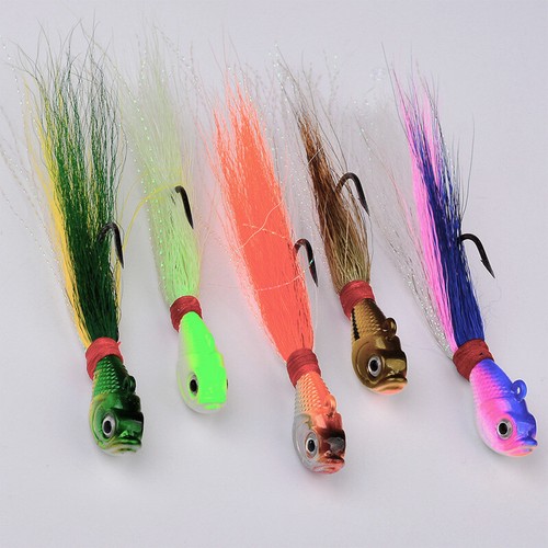5 Pack Saltwater Bucktail Jigs Head Striper Fluke Bass Teaser Fishing