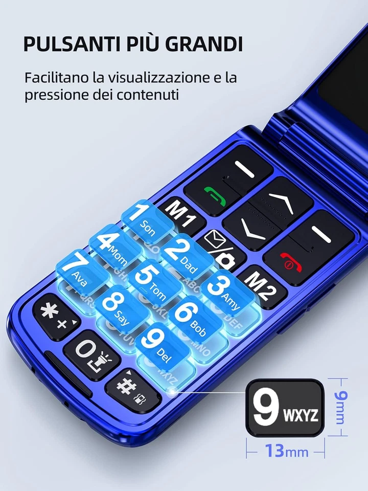 Telefono Cellulare per Anziani Flip Pantalla 2.4" Con Base Di Ricarica SOS, Blu - Immagine 2 di 4
