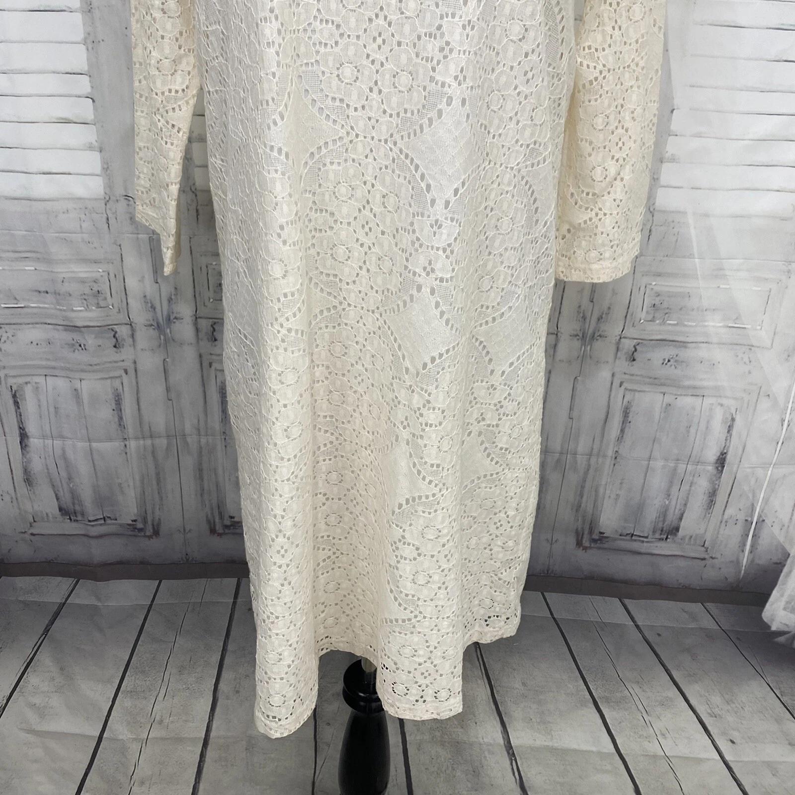 OFF WHITE Abito da barca foderato in pizzo Everly taglia grande crema avorio manica a 3 4 B33