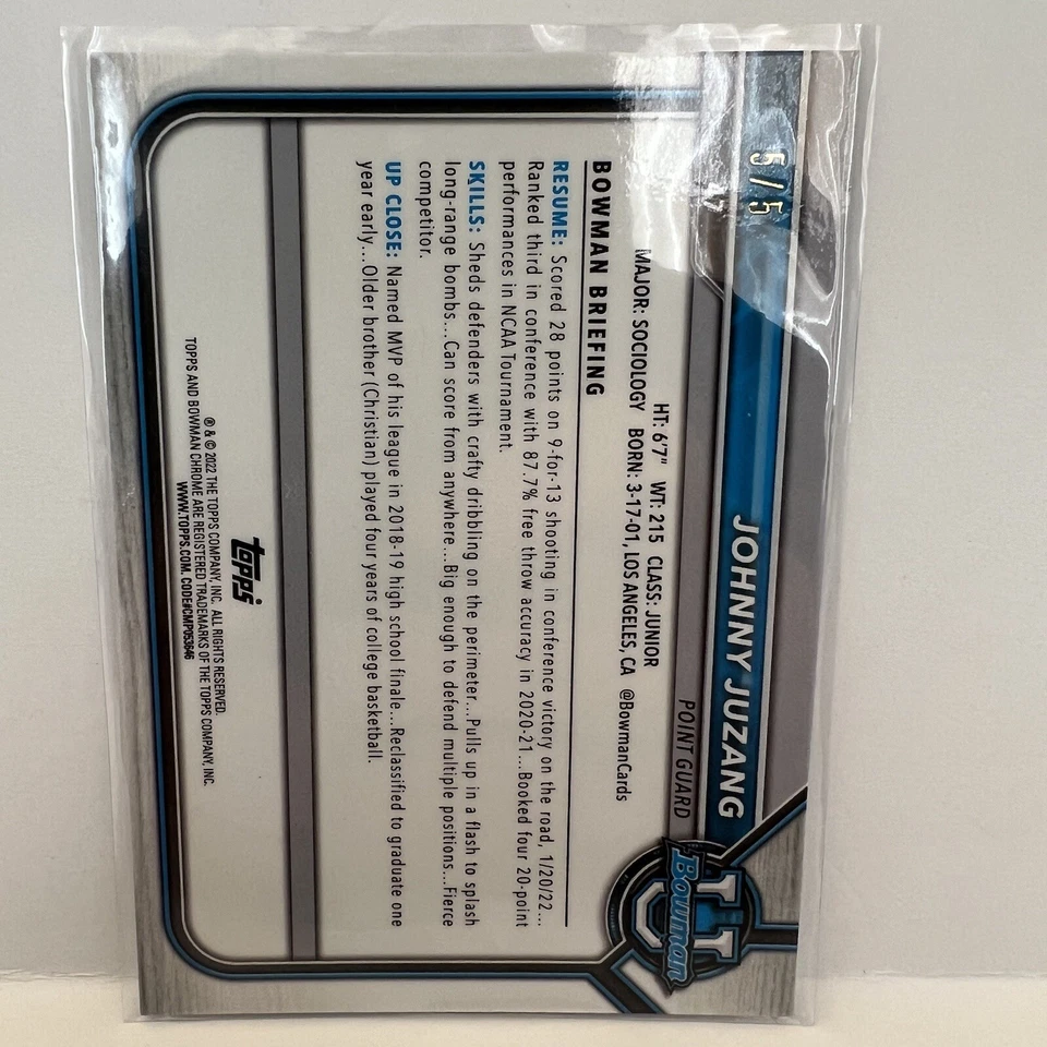 Johnny Juzang 2022 Bowman University Red Refractor #97 5/5 - Image 2 of 3