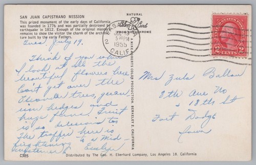 San Juan Capistrano Mission, Founded 1776, California, USA, Vintage Post Card. - Picture 2 of 2