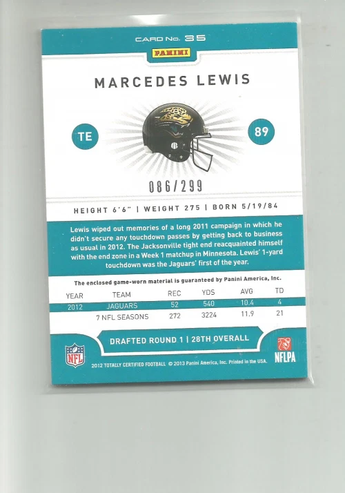 2012 TOTALLY CERTIFIED RED MATERIALS #35 MARCEDES LEWIS  086/299 - Image 2 of 2