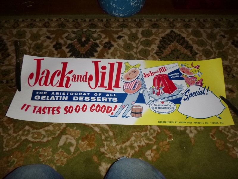 Vintage Jack & Jill Gelatin Jello Advertising Store Window Sign 30x10 plus box .
