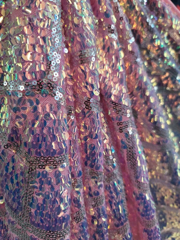 Fabric Sold By The Yard Pink Iridescent Sequin Embroidery On Stretch Mesh Dress  - Image 2 of 4