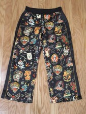 Ed Hardy Womens Shrunken Flashboard Wide Leg Pants Tattoo Skull Tiger Large 1
