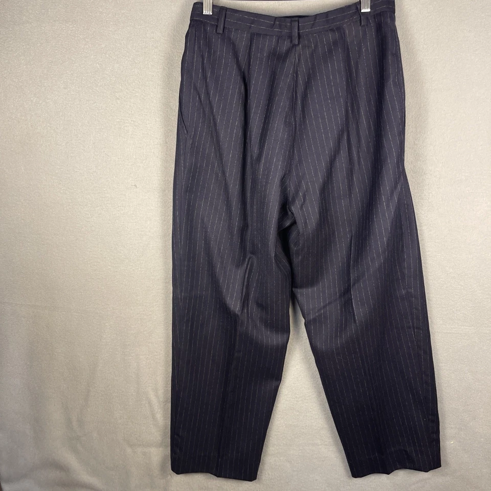 Vintage Rafaella Wool Pants Womens Sz 12 Blue Chalk Stripe Pleated Pocket Preppy - Image 4 of 4