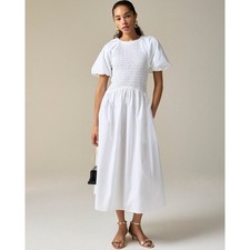 NWT!! J. CREW Meadow Dress Smocked Cotton Poplin Solid White Midi Smocking XXS