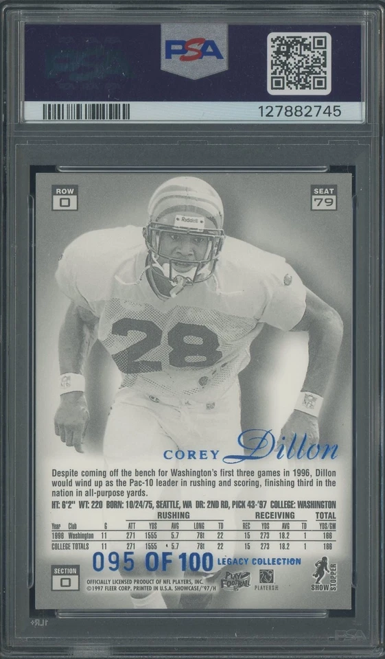 1997 Flair Showcase Legacy Collection Row 0 #79 Corey Dillon /100 PSA 10 POP 1 - Image 2 of 2