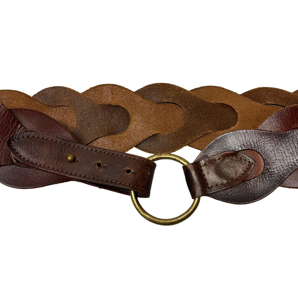 Old Navy Womens Size S/M Brown Leather Braided Wavy Wide Belt Gold Ring - Image 2 of 4