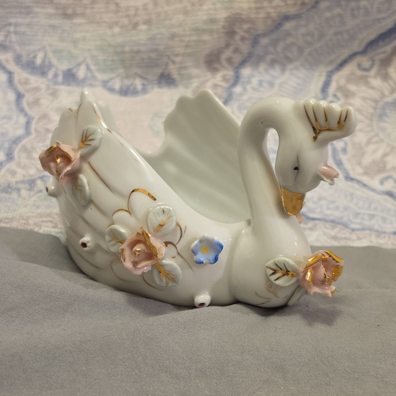 Bone China Swan Trinket Dish, White Bird Figurine with Floral Accents
