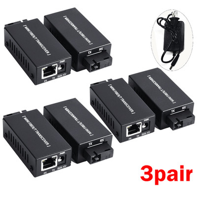 3Pair Fiber Media Converter Gigabit US 100/1000Mbps 20Km SC to RJ45 With Sockets