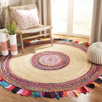 Cape Cod Collection 6' Round Multi / Natural CAP701P Handmade Boho Fringe Jut...