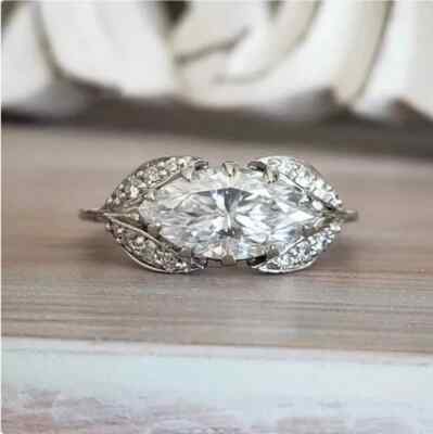 Art Deco Style Marquise Cut Lab Created Diamond 14K White Gold FN Wedding Ring