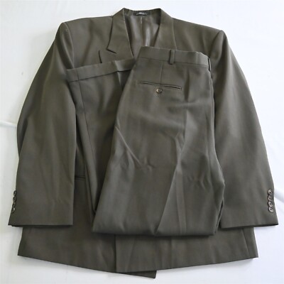 Vtg City Streets 44R 36x32 Olive Green Wool Double Breasted Jacket Pants Suit