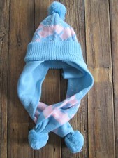 Vintage Acrylic Hat Scarf Combo Baby Toddler Size 2 Hooded Blue Pink Bunny Pom