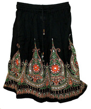Plus Size 3X To 6X Indian Ethnic Sequin Mini Floral Black Skirt For Women Boho