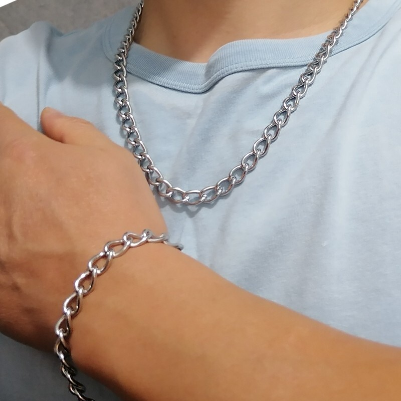 Mens Women Jewelry Set Stainless Steel Smooth 8mm Curb Chain Necklace  Bracelet