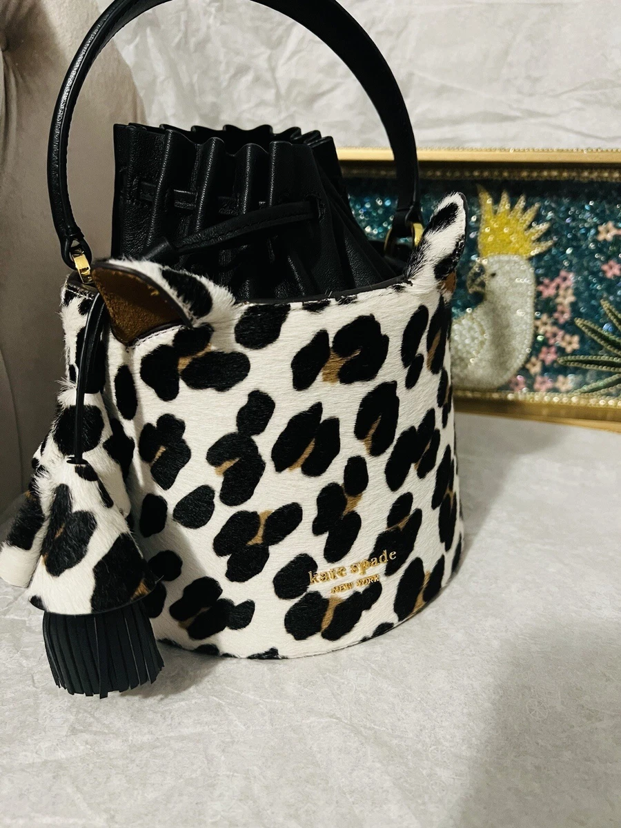 KATE SPADE BUTTERCUP LEOPARD HAIRCALF SMALL BUCKET BAG Leather Black Handbag New