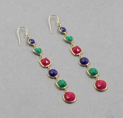 925 Sterling Silver Jewelry Checker Emerald Sapphire Gemstone Dangle Earring - Picture 3 of 5