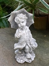 Solid Stone Garden Figurine Boy with Umbrella Made From Stone/ Concrete