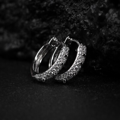 Men's Fully Iced White Gold Plated 925 Sterling Silver Cubic Zirconia Small Spike Hoop Earrings – 20 CZ Stones