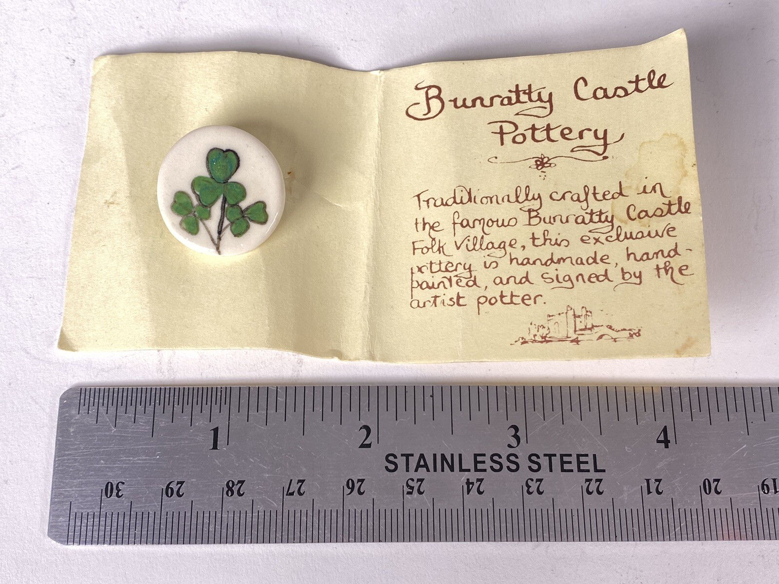 VTG Bunratty Castle Pottery Clover Pin Brooch NOS
