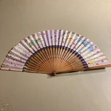 Vintage RARE Wooden Paper Hand Fan Fold Up Purple Japan Floral 1950s