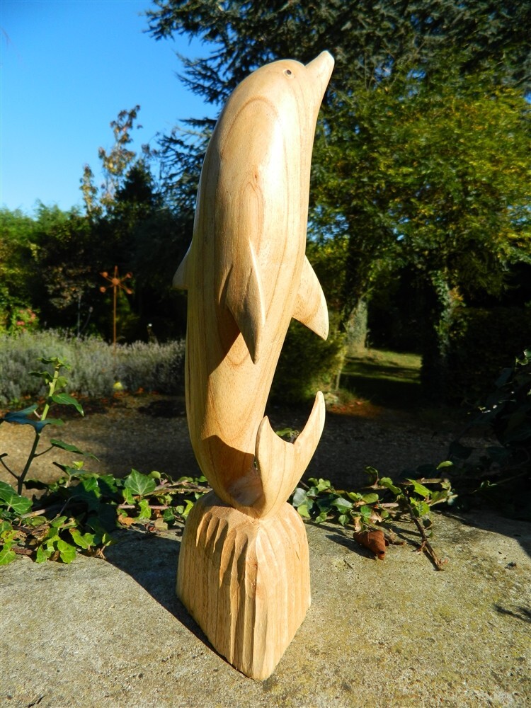 Wooden Dolphin Fish Carving - Solo Dancing Dolphins - 30cm