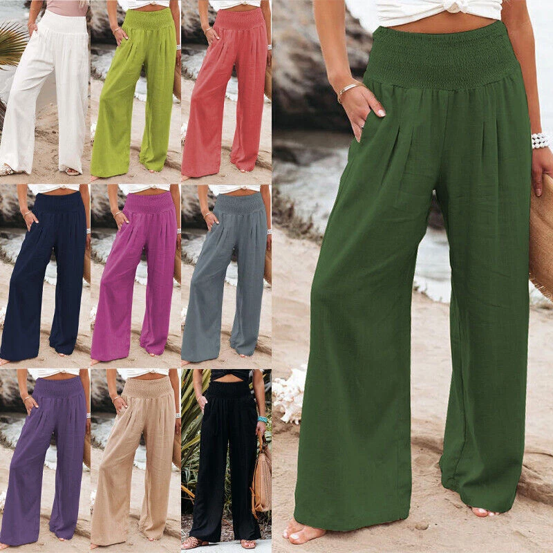 Womens High Waist Cotton Linen Trousers Ladies Casual Baggy Wide