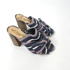 Sam Edelman Womens Yumi Mules Stacked Heels Shoes Blue White Slip On Stripe 9 M