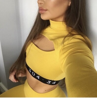 304 Clothing Cut Out Mustard Yellow Turtleneck Long Sleeve Crop