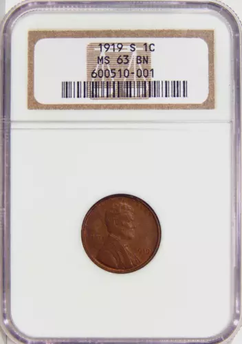 1919-S 1c NGC MS 63 BN ~ EARLY SAN FRANCISCO MINT LINCOLN CENT