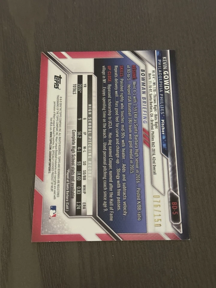 2016 Bowman Draft Draft Picks Blue Parallel /150 #BD-5 KEVIN GOWDY 1st ROOKIE RC - Image 2 of 2