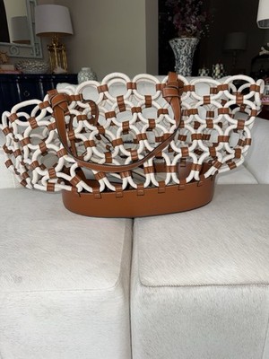 STAUD Squillo Brown Leather Trimmed White Rope Tote Bag w/Zip Pouch EXCELLENT 