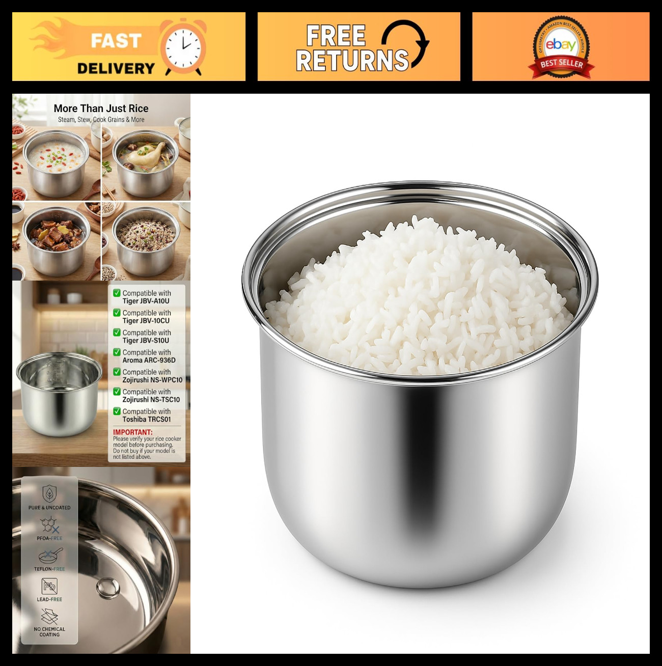 Stainless Steel Rice Cooker Inner Pot, Durable & Easy to Cle