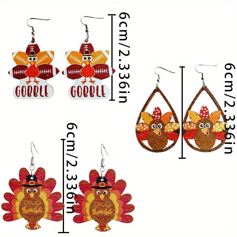 3Pairs Thanksgiving Turkey Earrings Set Gobble Give Thanks Firebird Drop Gift - Image 3 of 4