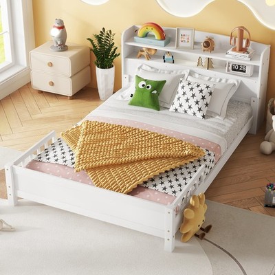 Full Size Pine Wood Bed with Bookcase Headboard & Sensor Light