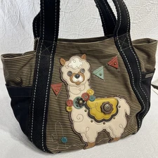 Chala Llama Large Carryall Zip Tote Shoulder Bag Brown Stripe Canvas Cotton Cute