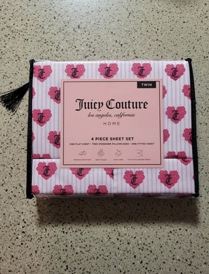 Juicy Couture 4-Pc Twin Size Bedsheet Set Roses Hearts JC Monogram Striped Y2K 