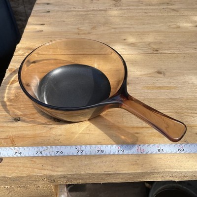 Vision Corning Ware USA 0.5L Pyrex Glass Pot Sauce Pan Amber Brown VTG Teflon 