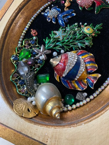 Vintage Handmade Framed Jewelry Collage, Fishbowl Shadow Box Art, 9x7" - Picture 6 of 8