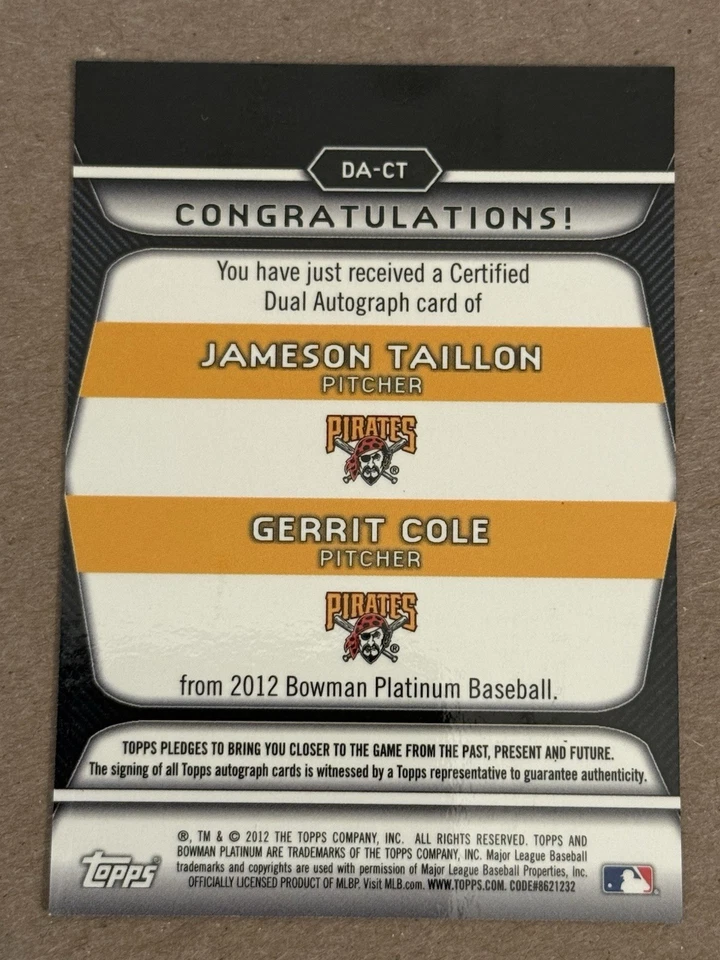 Bowman Platinum Jameson Taillon 2012 - Gerrit Cole novato doble automático #05/50 Foto 3 de 3