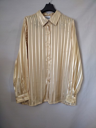 Joanna Womens Gold Metallic/Mesh Striped Long Sleeve Button-Up Shirt Size Large - Picture 1 of 8