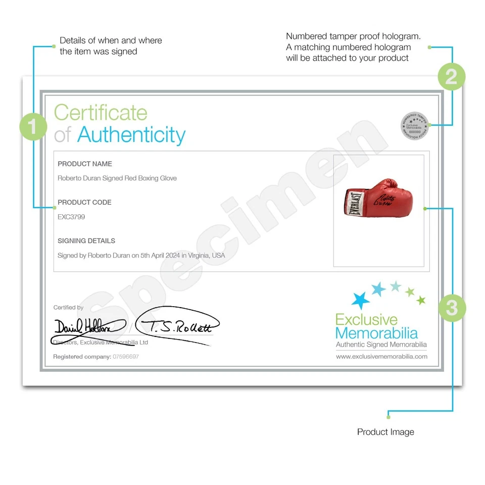 Guante de Boxeo Rojo Firmado por Roberto Durán. Vitrina con placa Foto 2 de 3