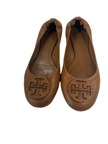 Tory Burch Minnie Reise-Ballerinas camelfarbenes genarbtes Leder Damengröße 11